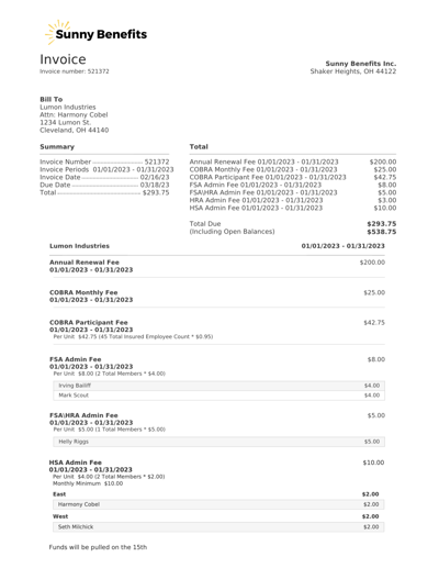 Detailed Invoice Generated by TPA Streams Employer Invoicing